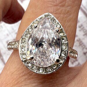 Bold Elegant Sparkling White Gold Plated CZ Teardrop Halo Cocktail Ring